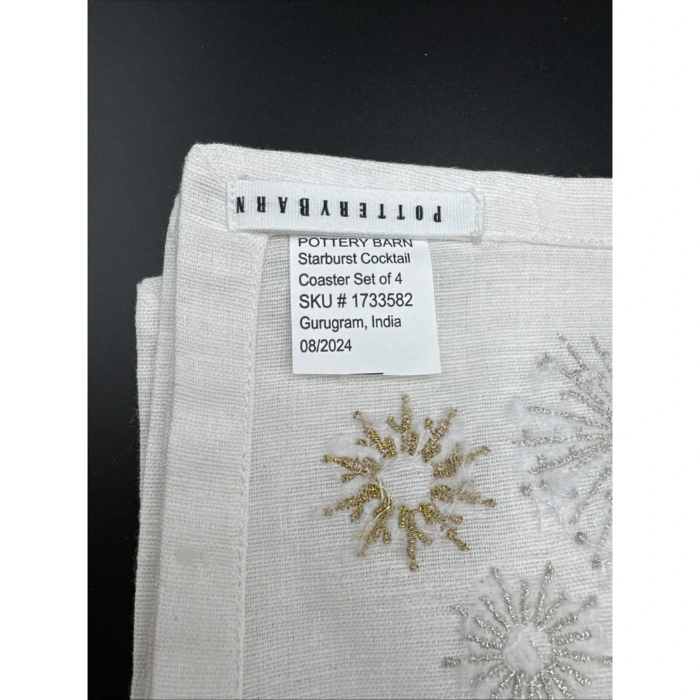 Pottery Barn‎ Linen Cocktail Napkins Set Starburst Sunburst Metallic Embroidered